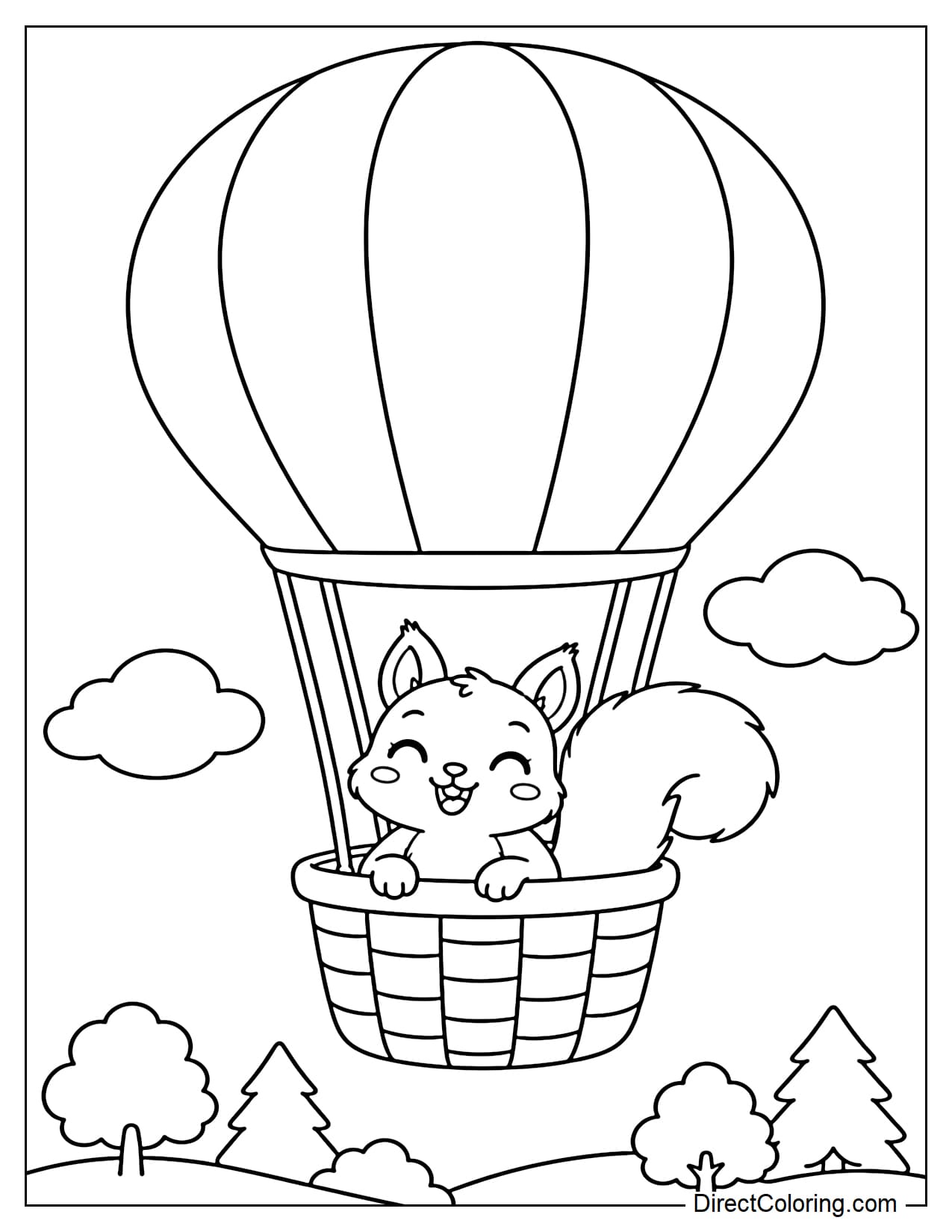 A happy squirrel standing inside the basket of a large hot air balloon, holding onto the edge with both paws as its fluffy tail curls to one side, with two round clouds and a few small trees below.