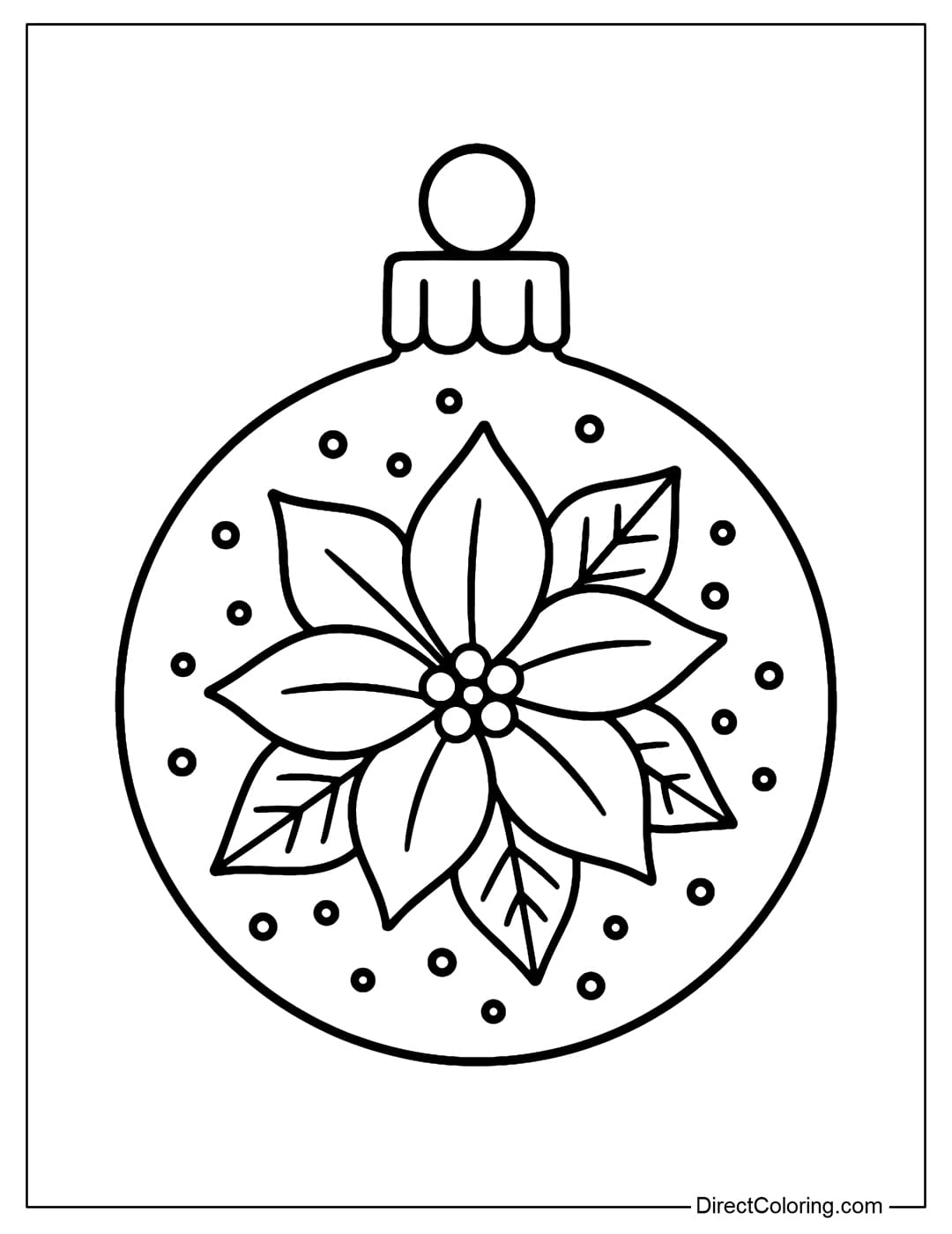 Round Christmas bauble coloring page with poinsettia flower decoration.