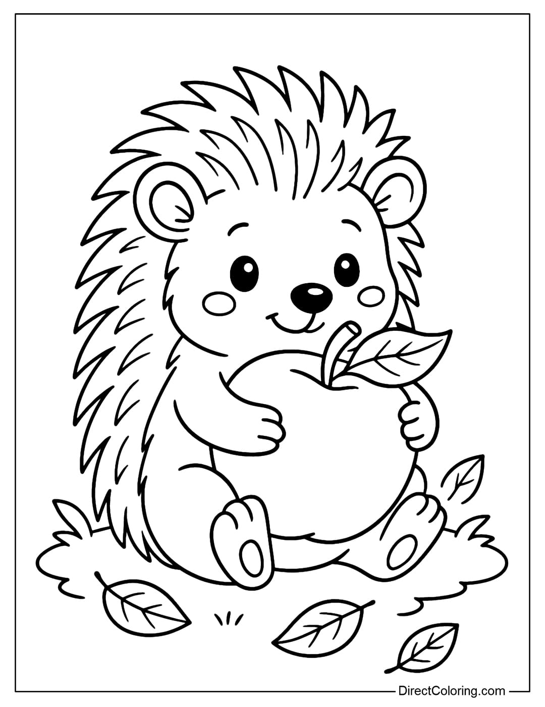 Hedgehog with Apple Coloring Page Coloring picture of a cute hedgehog holding a big apple, sitting on the grass with some fallen leaves.
