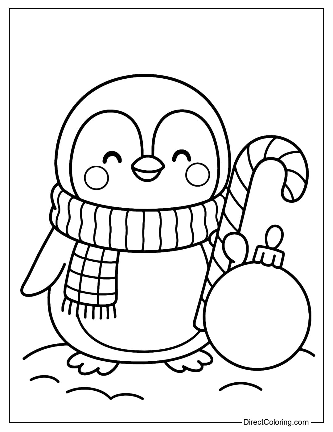 Coloring page of a baby penguin Christmas wrapped in a thick woolen scarf, holding a candy cane, next to a big Christmas bauble placed on the snow.