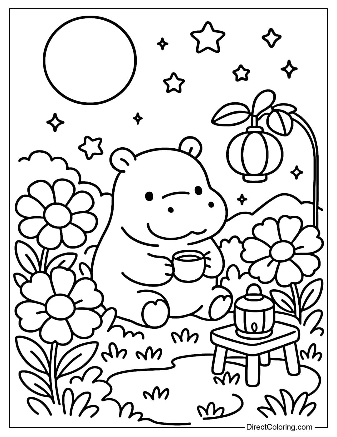 A cute hippo coloring page sitting in a night garden filled with giant bushes blooming brightly.