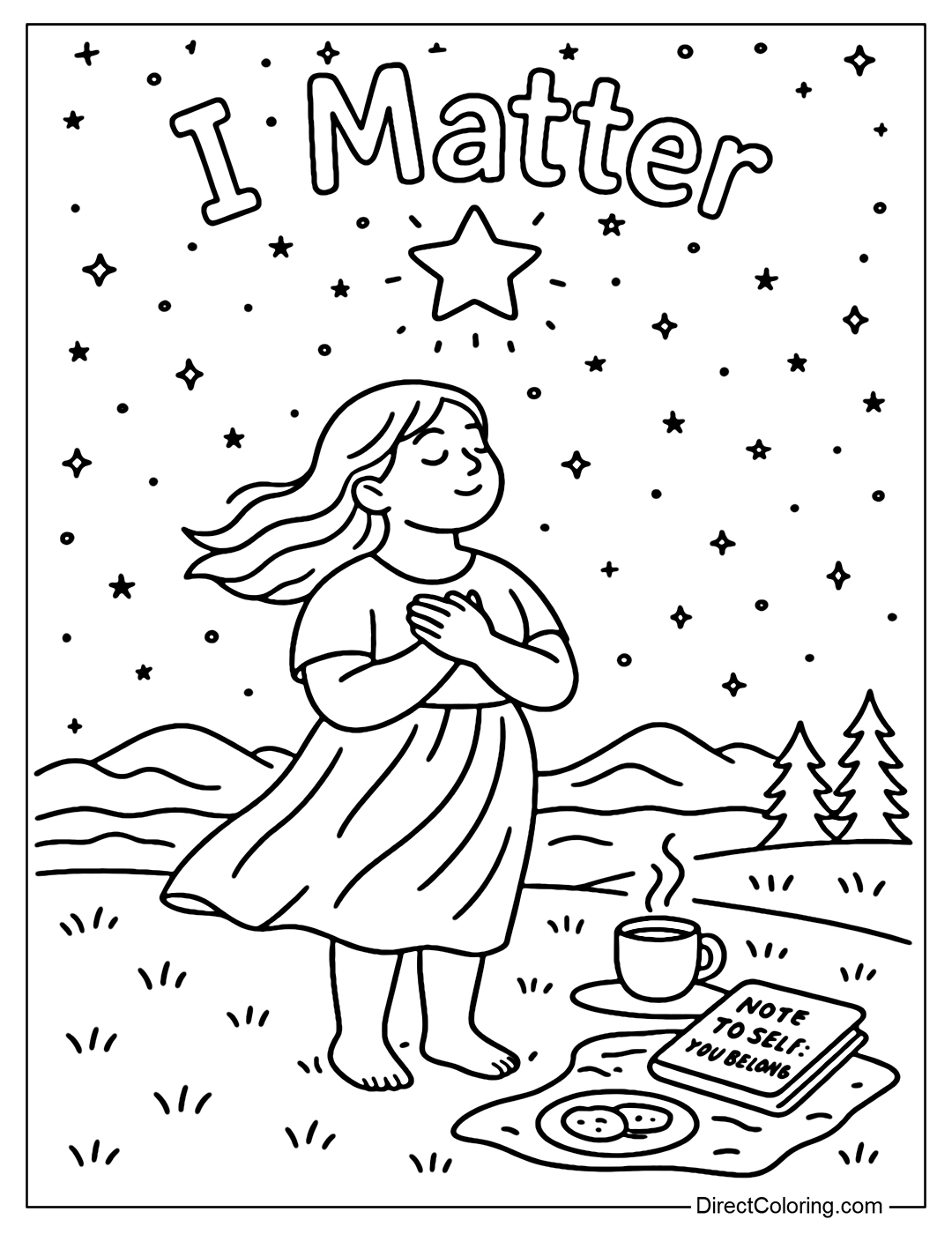 Coloring Page of a girl standing still in the starry night sky, her eyes looking up, her hair gently blowing in the wind, her hands placed on her heart as if whispering: 