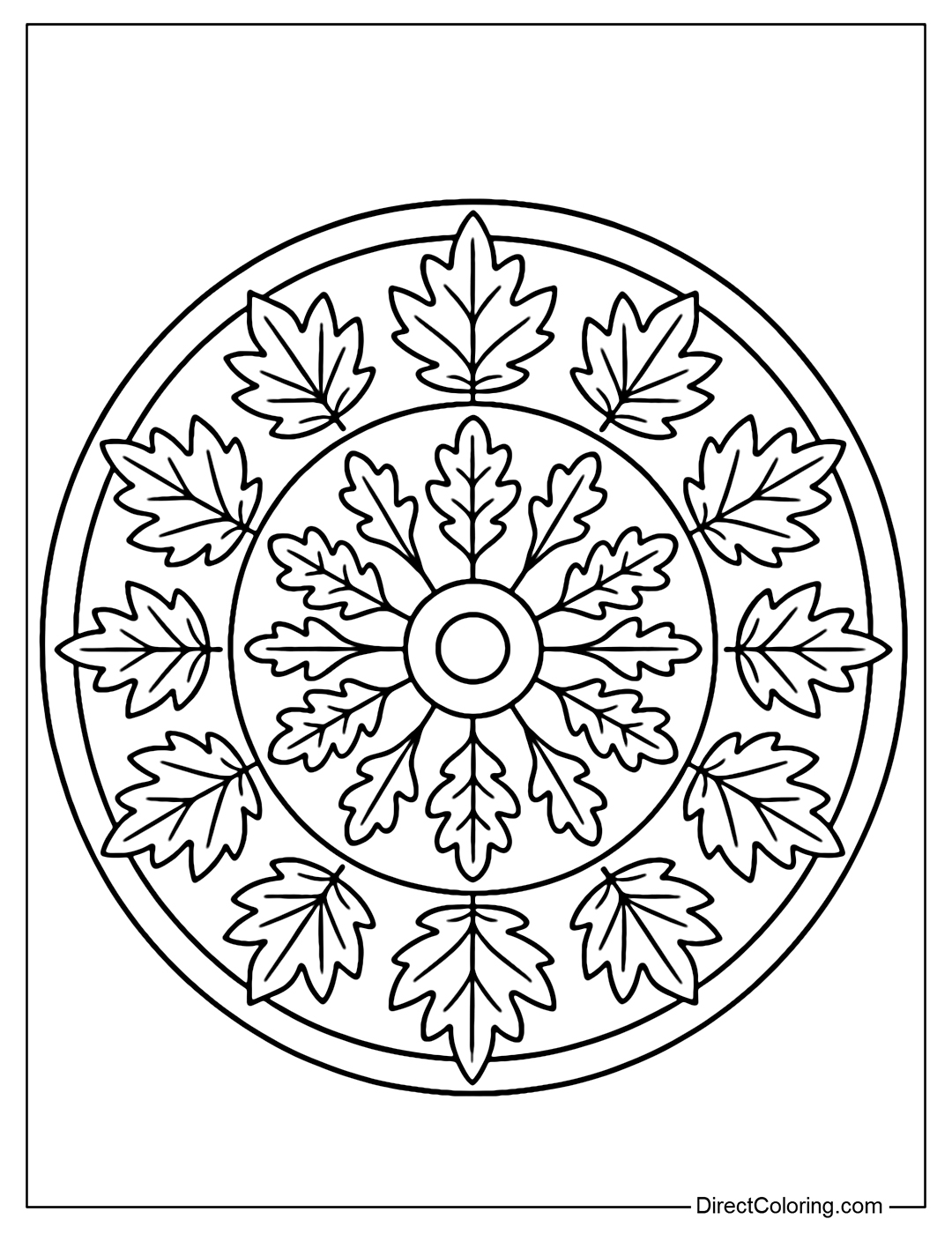 A simple mandala coloring page made from maple and oak leaves.