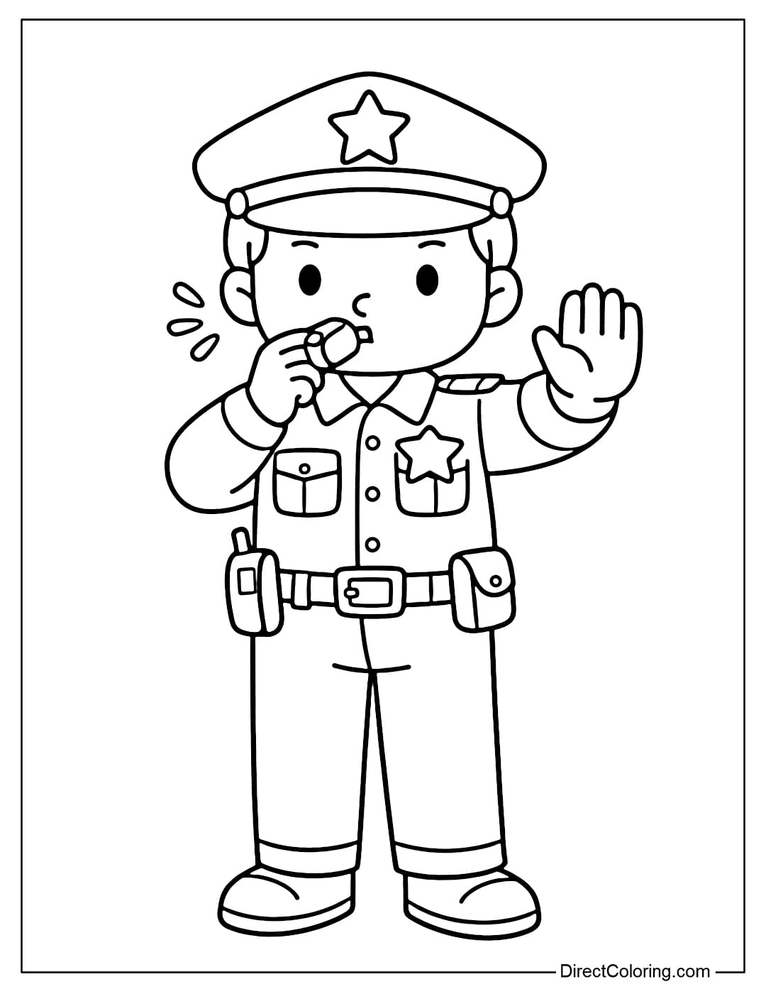 Coloring page of a police officer blowing his whistle to signal someone to stop.
