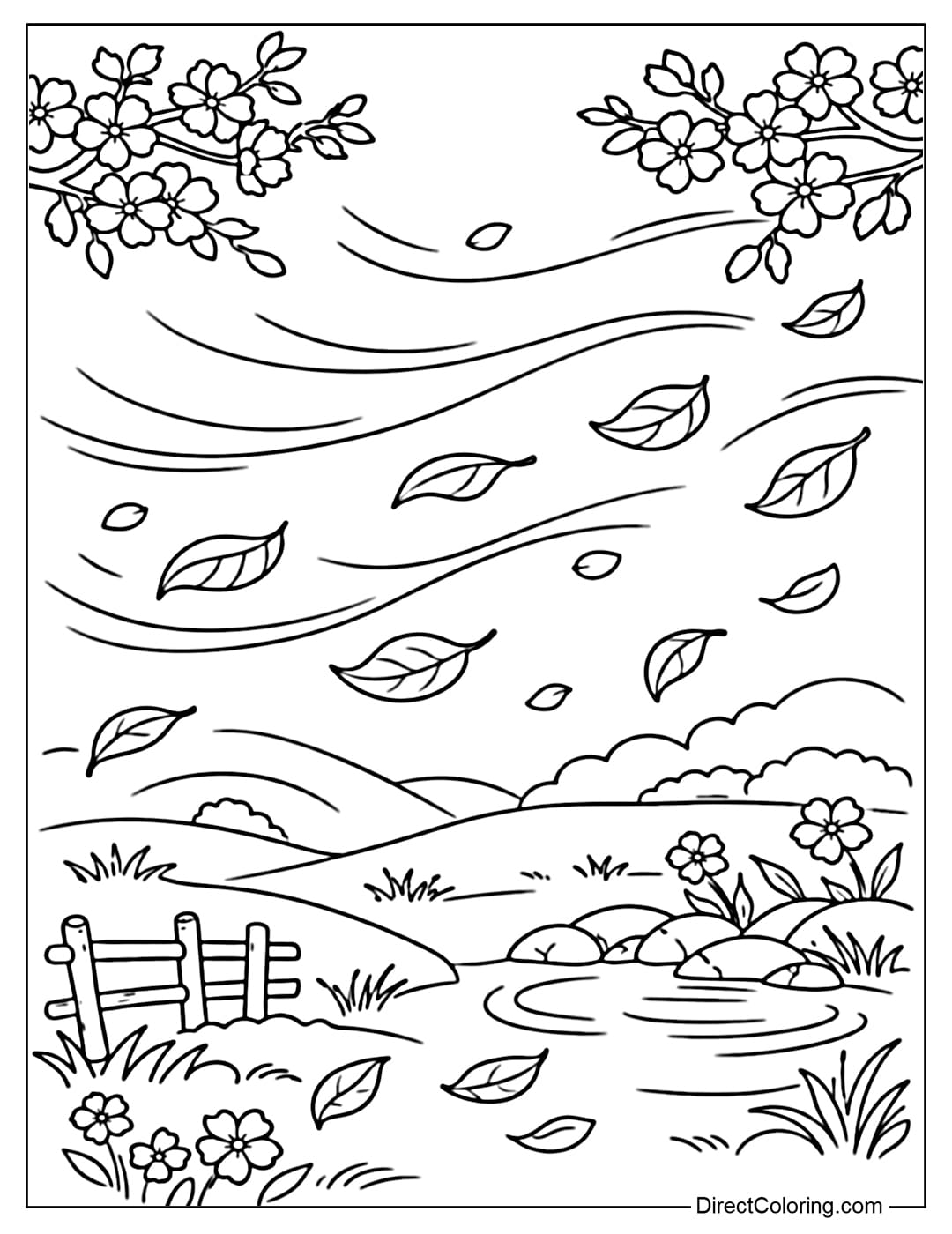 Coloring page of a gentle spring breeze blowing with softly curled leaves.
