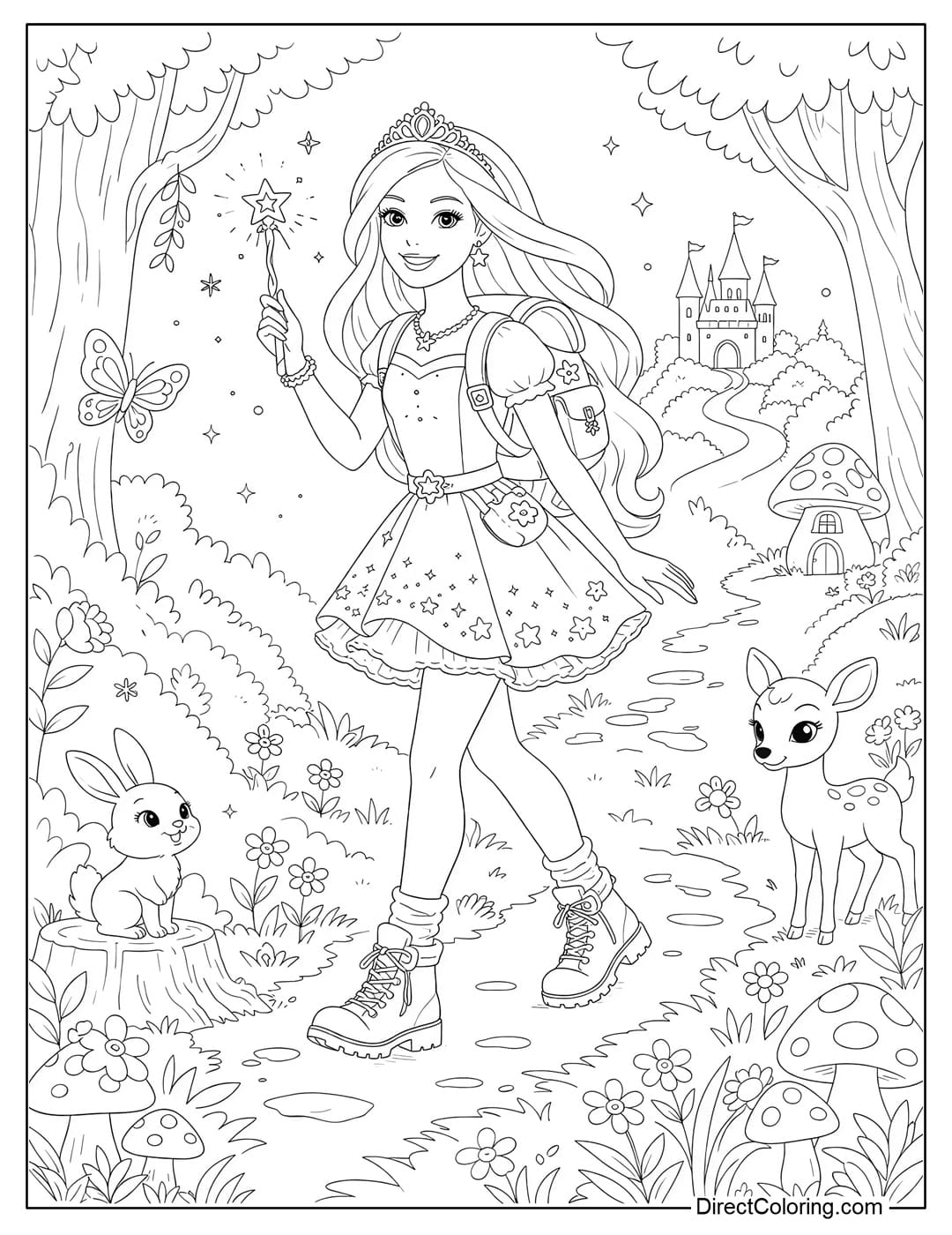 A coloring page of Barbie exploring the magical forest.