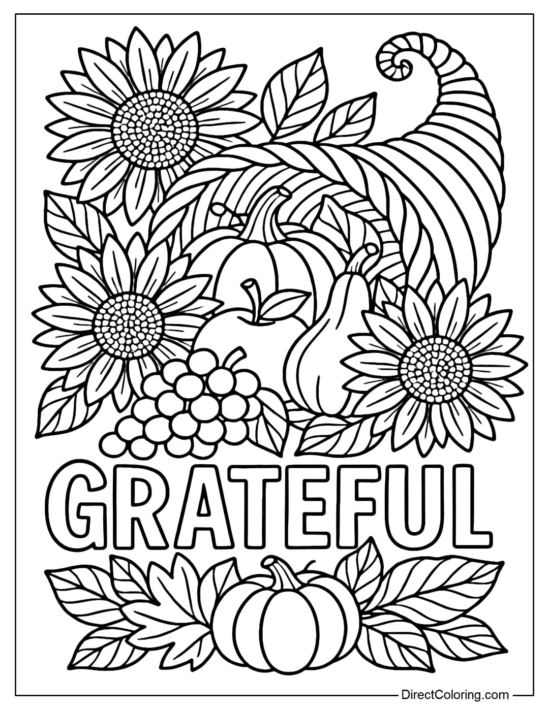 Cornucopia coloring page with the words 
