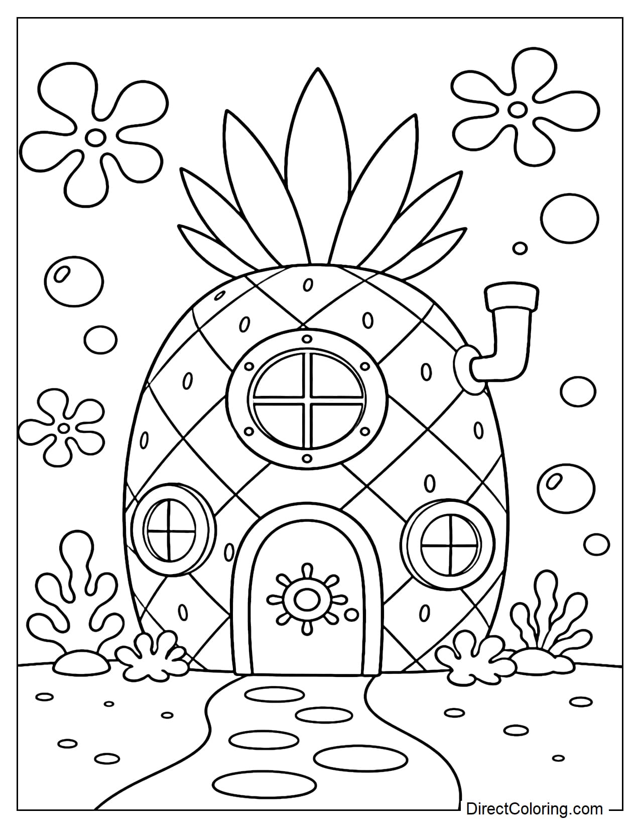 The pineapple house is at the bottom of the sea with large round windows, a small chimney, and a simple door, surrounded by water bubbles and sea flowers.