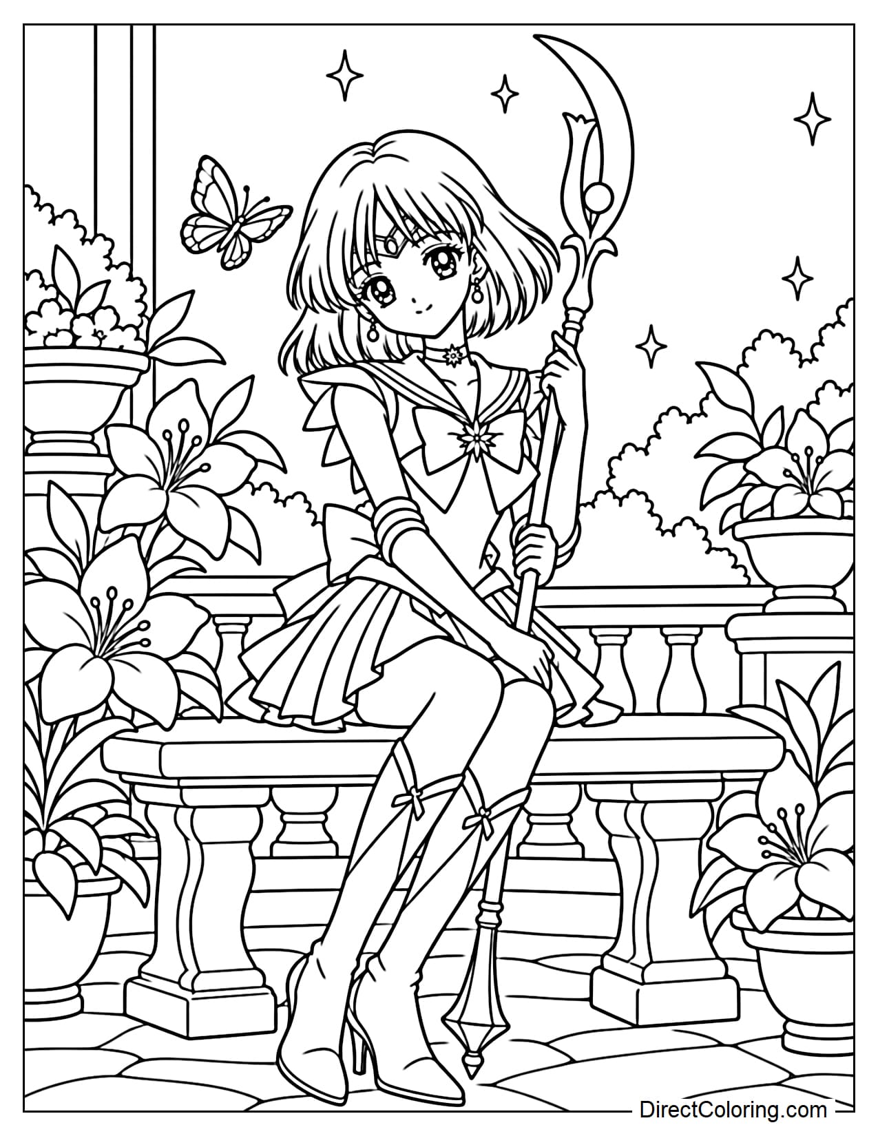 Sailor Saturn (Hotaru Tomoe) sits on a small stone bench in a garden, gently holding her Silence Glaive upright beside her with both hands. Behind her are a few flower pots filled with blooming flowers and a small butterfly.