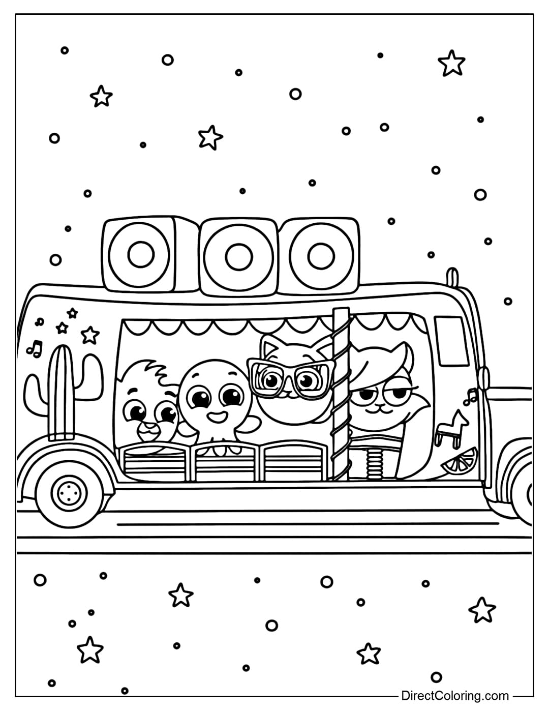 Coloring page of Bolofofos cartoon characters riding on a beautifully decorated bus at night.