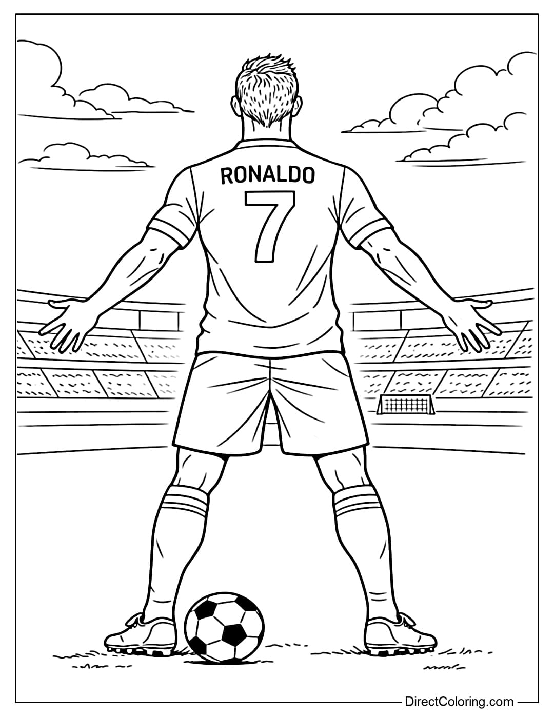 Coloring page of Cristiano Ronaldo seen from behind on the football field, a steady stance, arms slightly outstretched to the sides, a ball at his feet.
