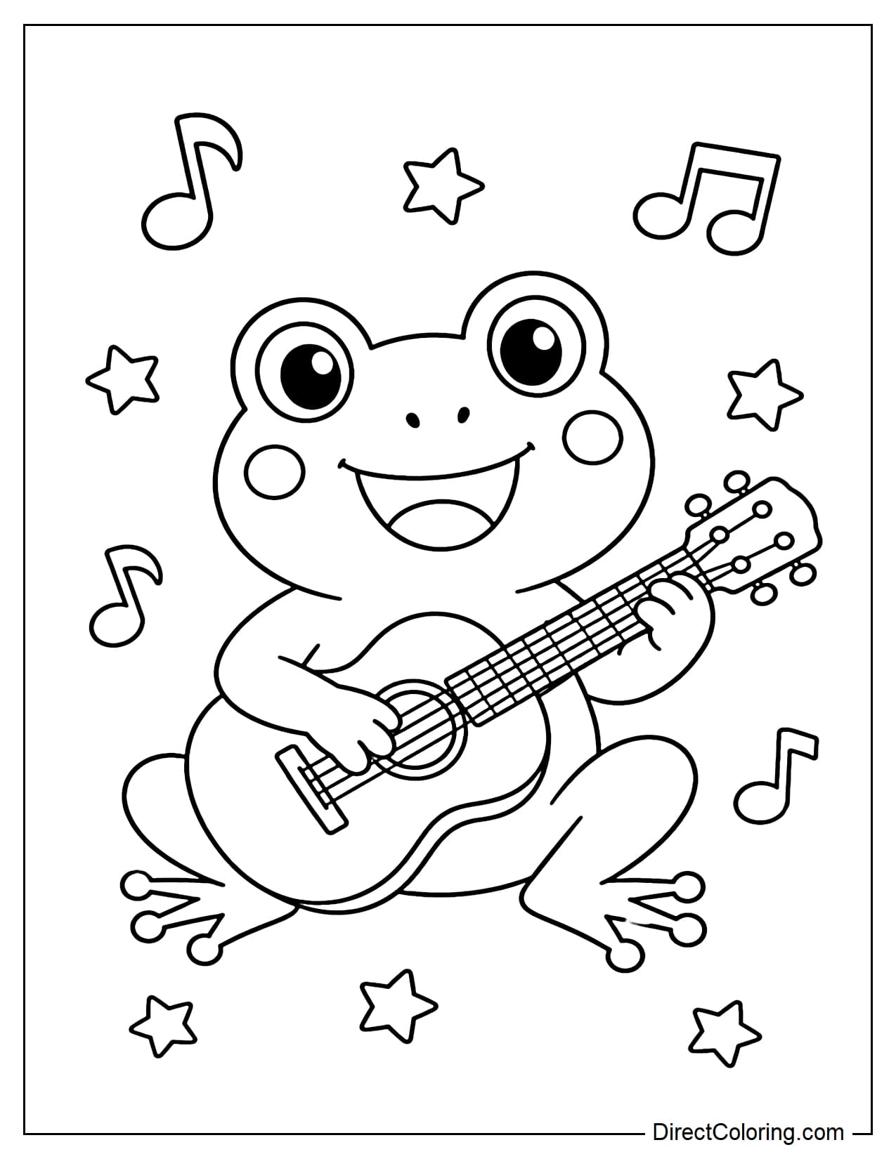 A frog is sitting happily and hugging a tiny guitar, one front paw on the strings as if performing, surrounded by large musical notes and a star.
