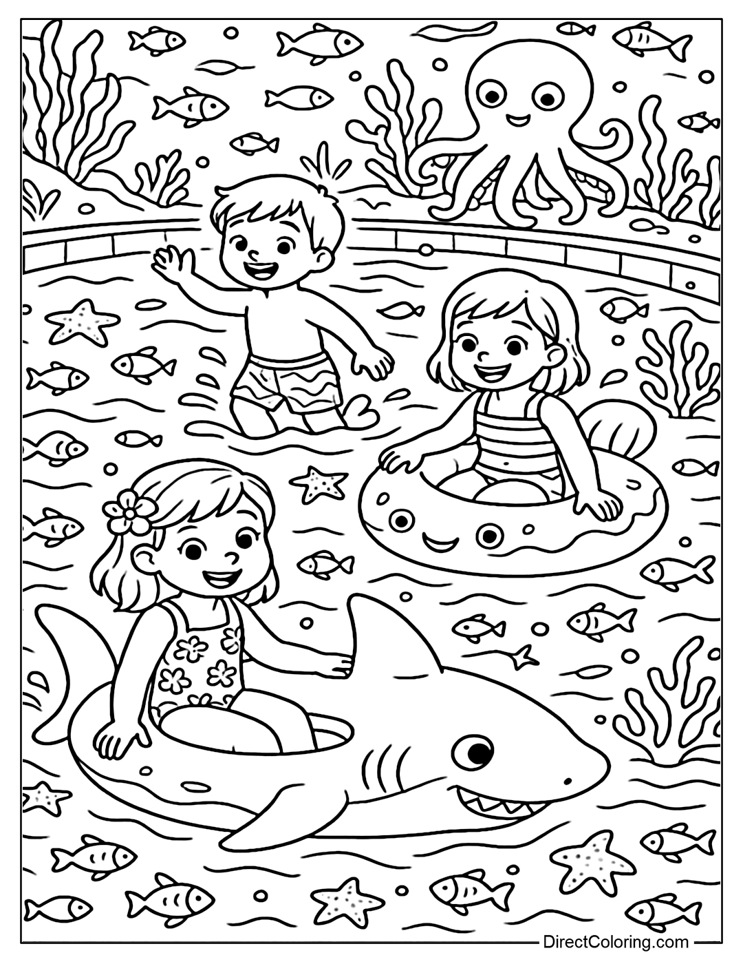 A coloring page of a swimming pool decorated like the ocean, with shark floats, octopuses, corals and children wearing beach clothes.