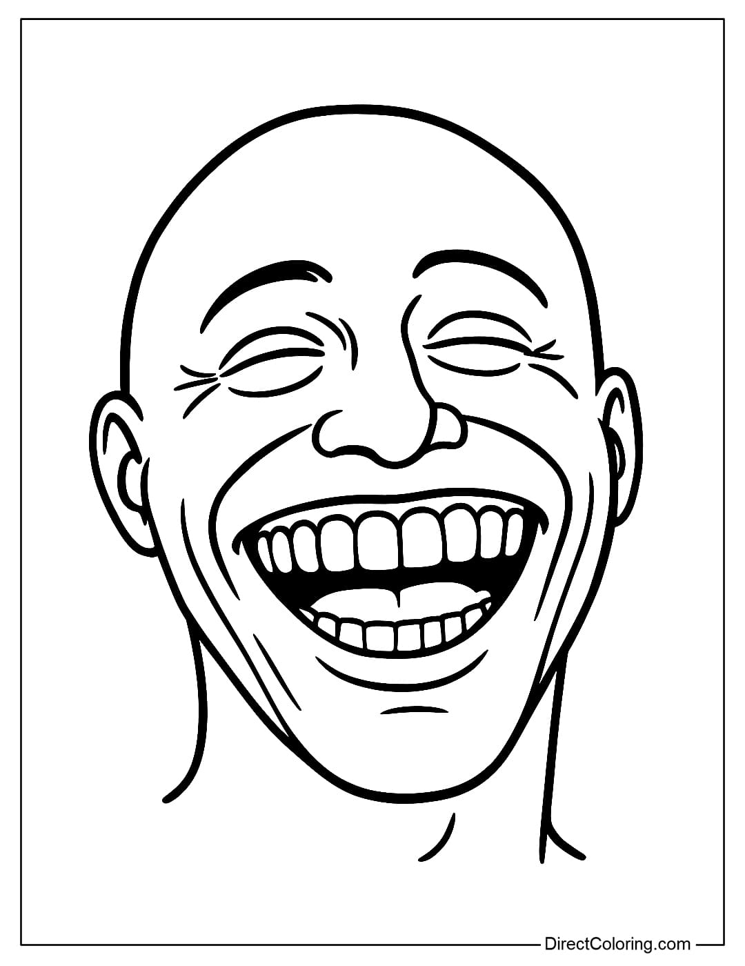 Coloring page of a character who laughs too loudly, his teeth are as big as a keyboard, his face is strangely dilated but funny.