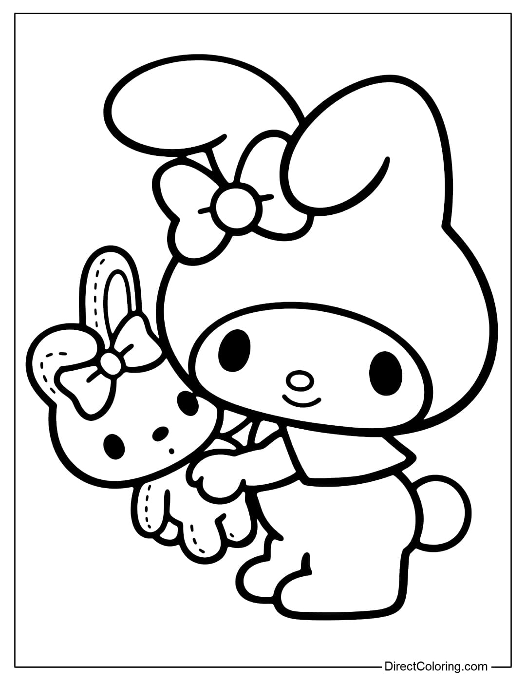 A My Melody is cuddling a cute little teddy bunny with a bow.