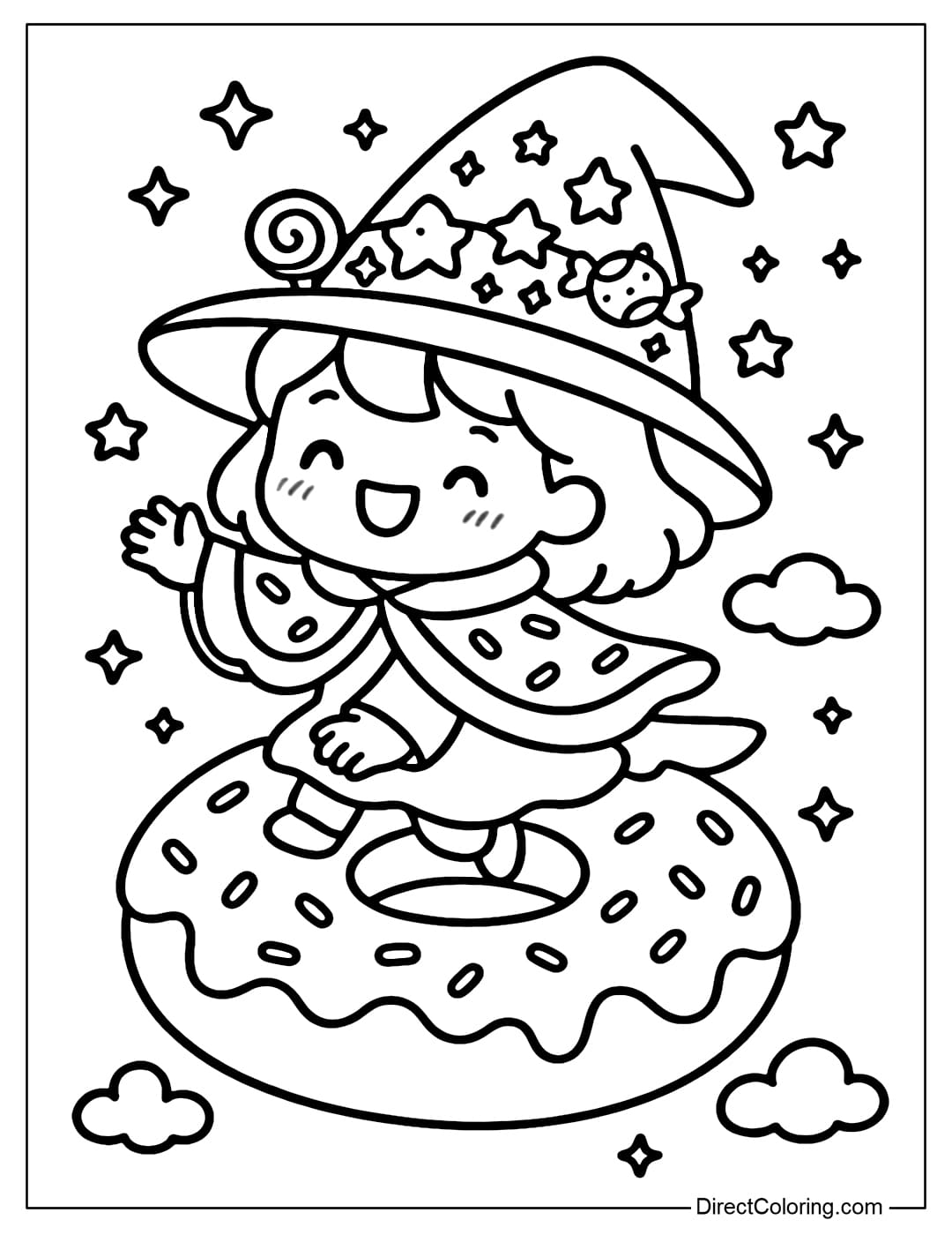 A little witch flying on a giant donut, a sugar-coated cape, a hat decorated with candy and glitter stars.