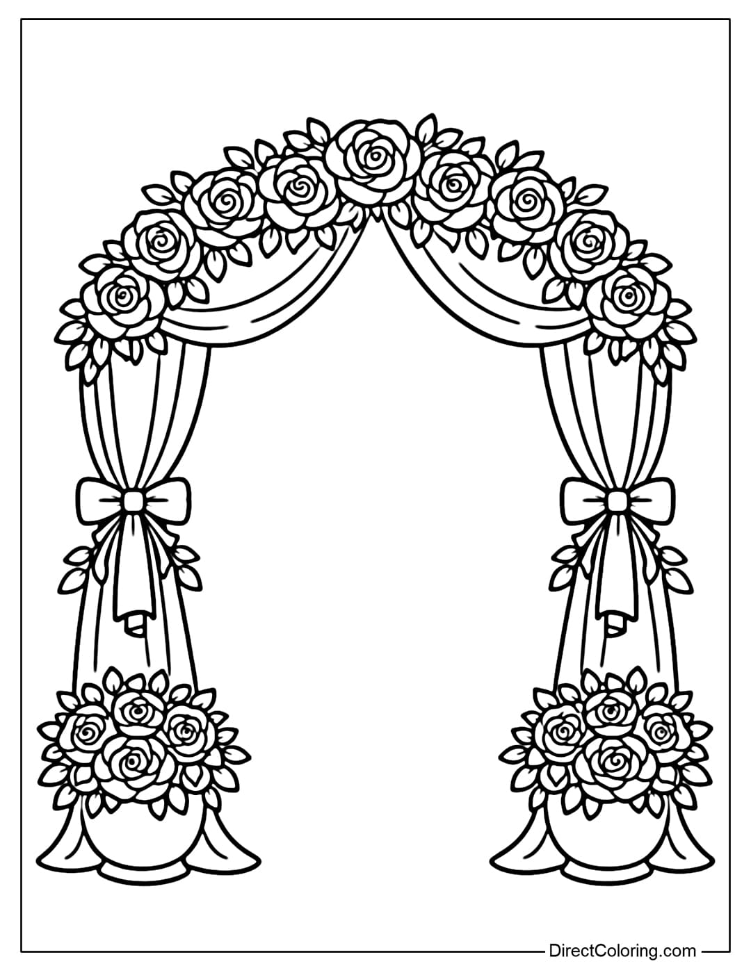 Coloring page of a wedding arch with delicate floral and leaf decorations.