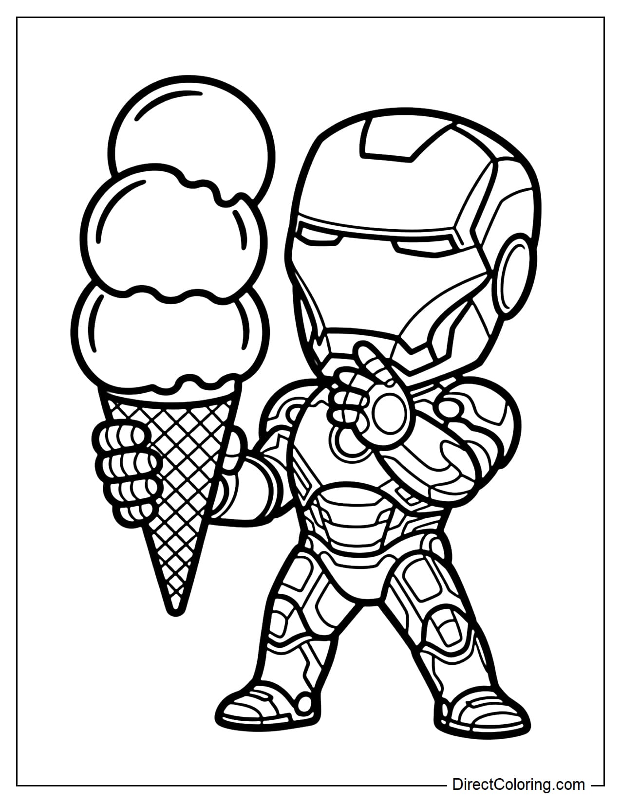 Chibi Iron Man holding a large ice cream cone and eating it in a simple pose.