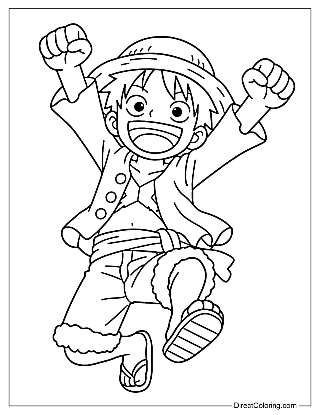 Luffy jumps up happily, arms raised high, laughing loudly.