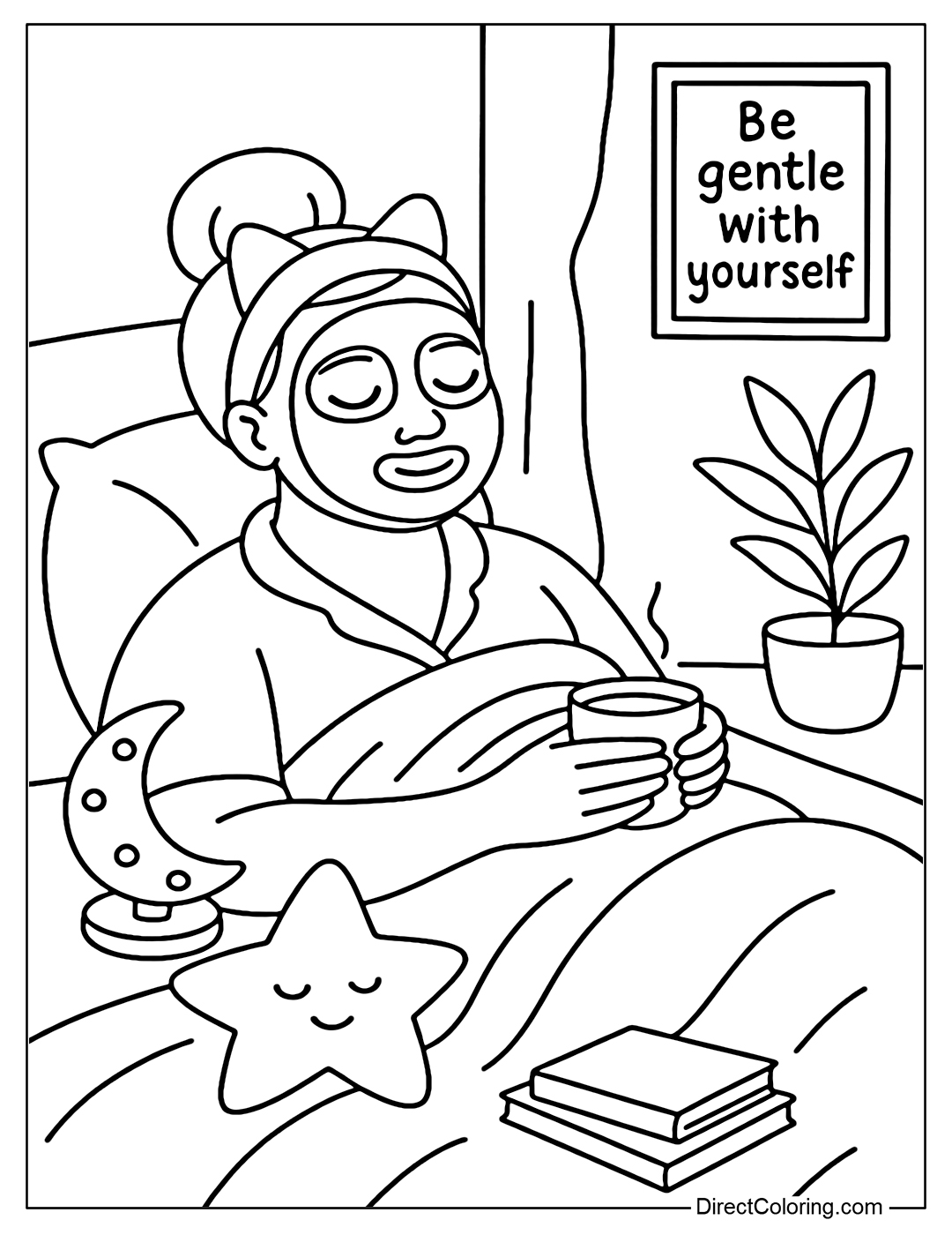 A coloring page of a young girl relaxing in her bedroom, applying a facial mask and curling up in a soft blanket.