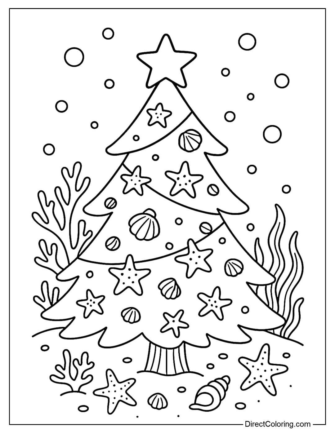 A coloring page of a Christmas tree under the sea, decorated with shells, corals, starfish and water balloons.