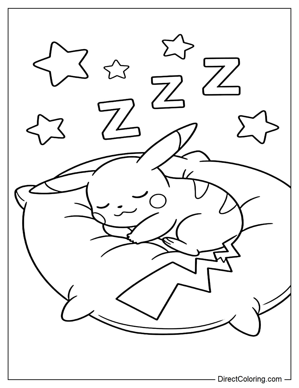 Pikachu is curled up sleeping soundly on a large soft cushion, its lightning tail resting beside it, with stars and a large Z above.