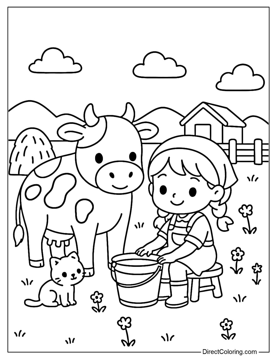 Coloring page of a farm girl milking a gentle cow, a kitten lying curled up next to it.
