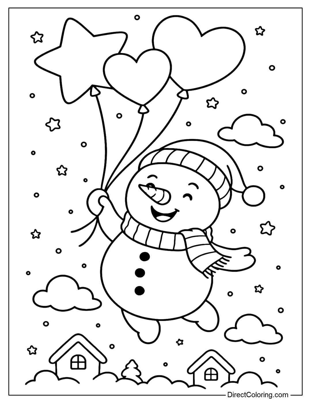 A snowman coloring page flying with balloons, holding a bunch of star and heart shaped balloons, floating in the sky.