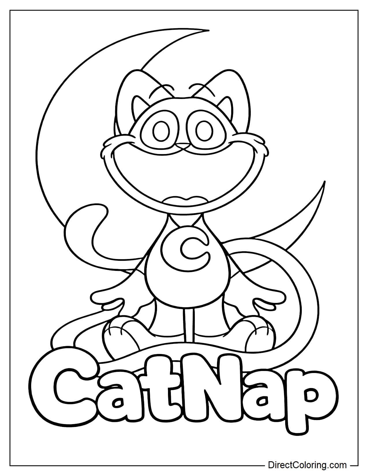 CatNap appears with a wide grin, big round eyes, and a cheerful expression. Behind him is a giant crescent moon, and the word 