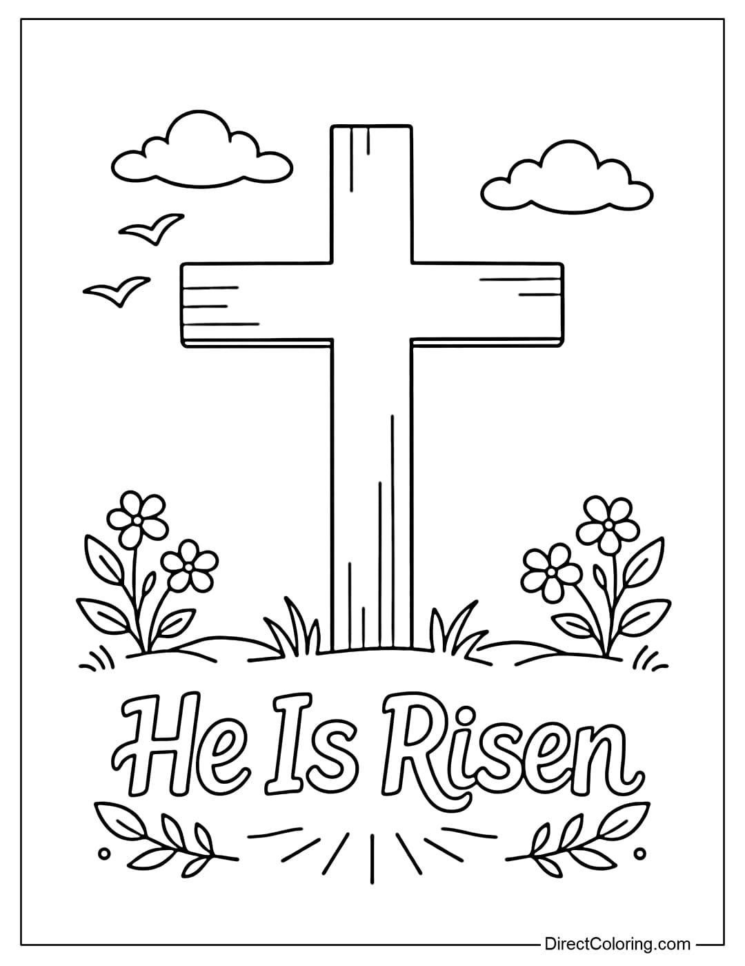 A coloring page of a simple cross with the words 