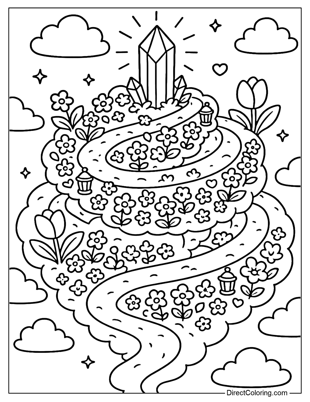 A giant spiral land coloring page made of silver clouds, with a crystal tower in the middle. The winding paths are filled with flowers and lanterns, leading to the top of the tower.