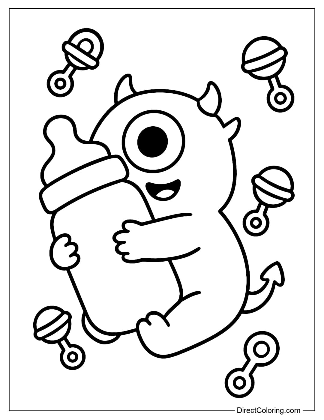 Coloring page of a little monster with one eye holding a milk bottle bigger than him, a cute smile, surrounded by a few rattles; clear black lines, easy to color, no small details.