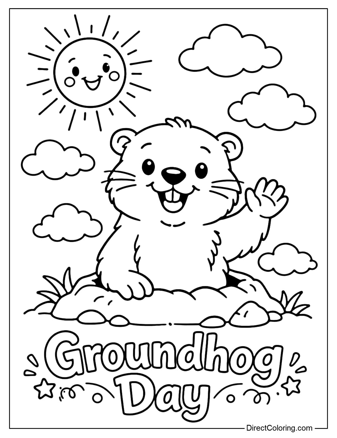 A coloring page of a waving groundhog surrounded by simple sun and clouds, with the words 