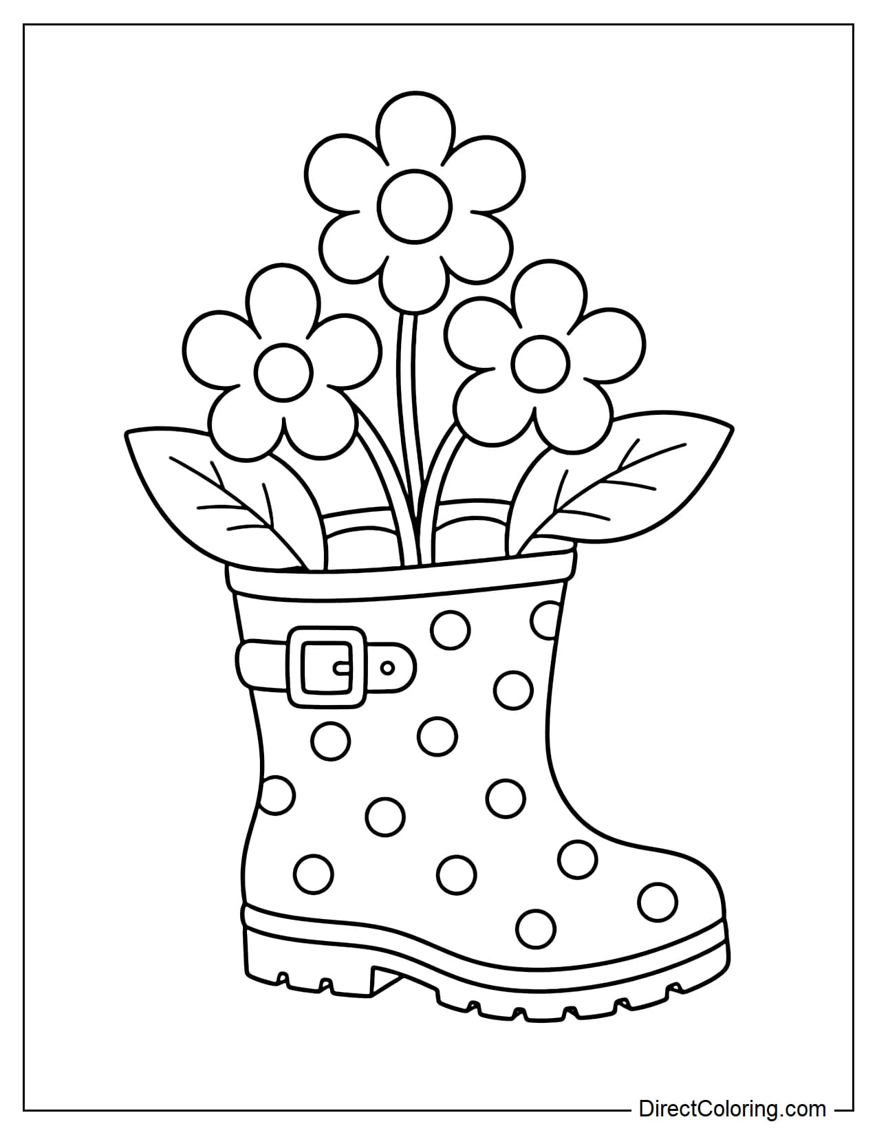 A large gardening boot creatively used as a flower planter, with several large flowers blooming from the top.