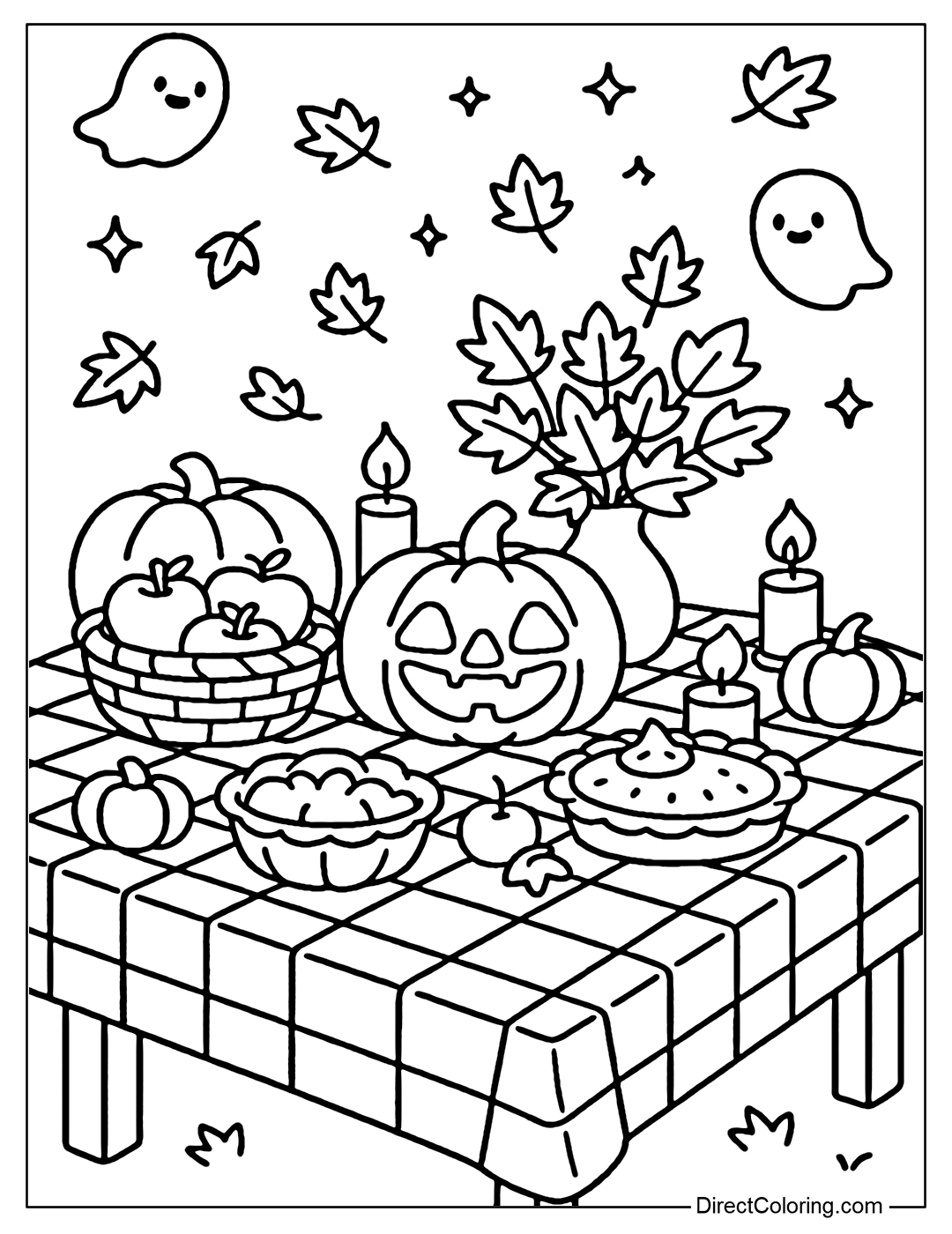 An outdoor fall table coloring page, covered with a red checkered tablecloth, filled with large and small pumpkins, baskets of apples, pumpkin pie, and a vase of maple leaves.