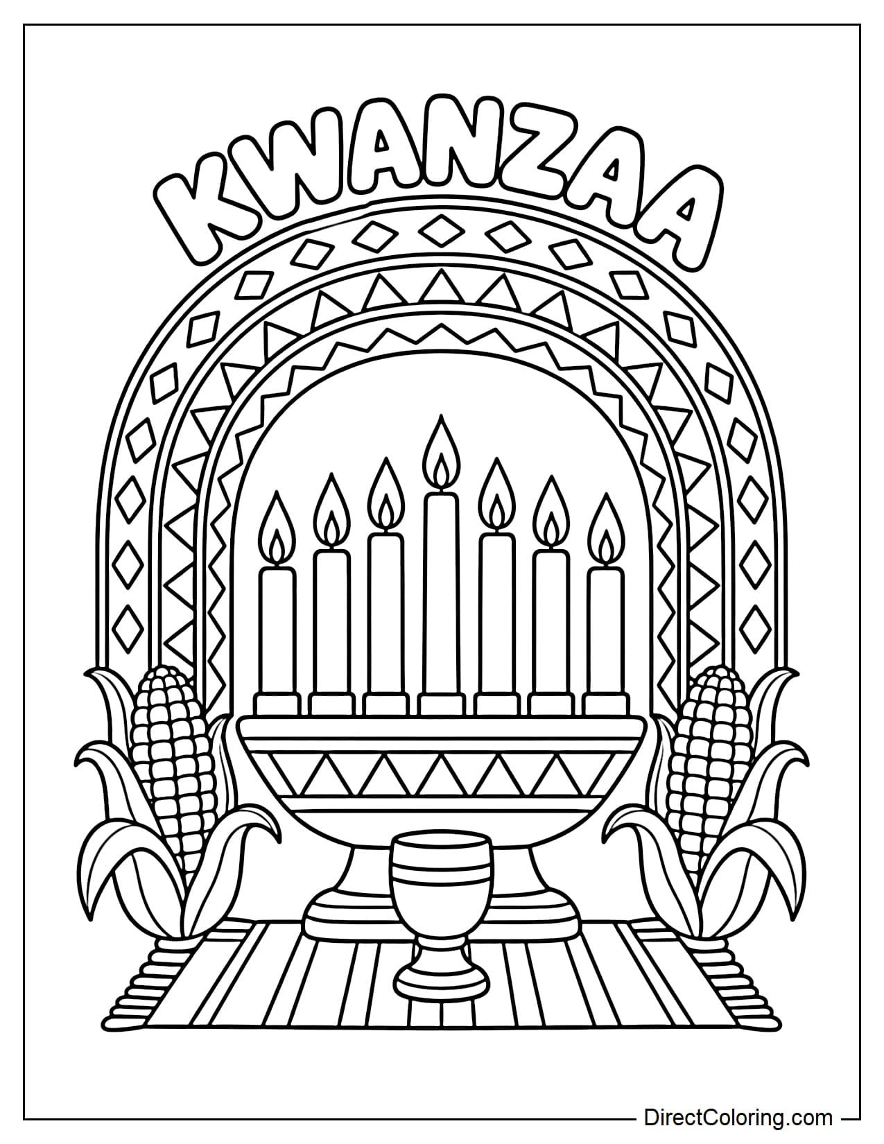 A seven-candle Kinara stands inside an arch decorated with geometric patterns, with corn on both sides and the word 