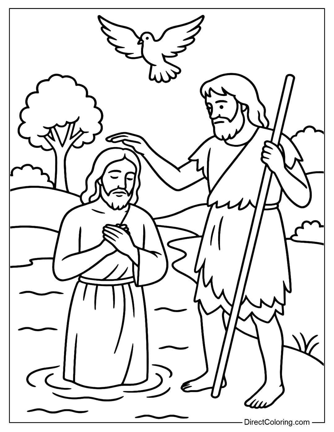 A coloring page of Jesus being baptized in a river, John the Baptist standing next to him, a symbolic dove above.