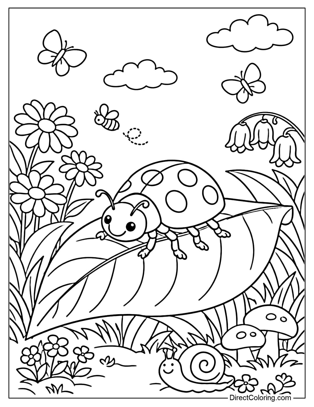 A coloring page featuring a ladybug crawling on a large leaf in a spring garden.