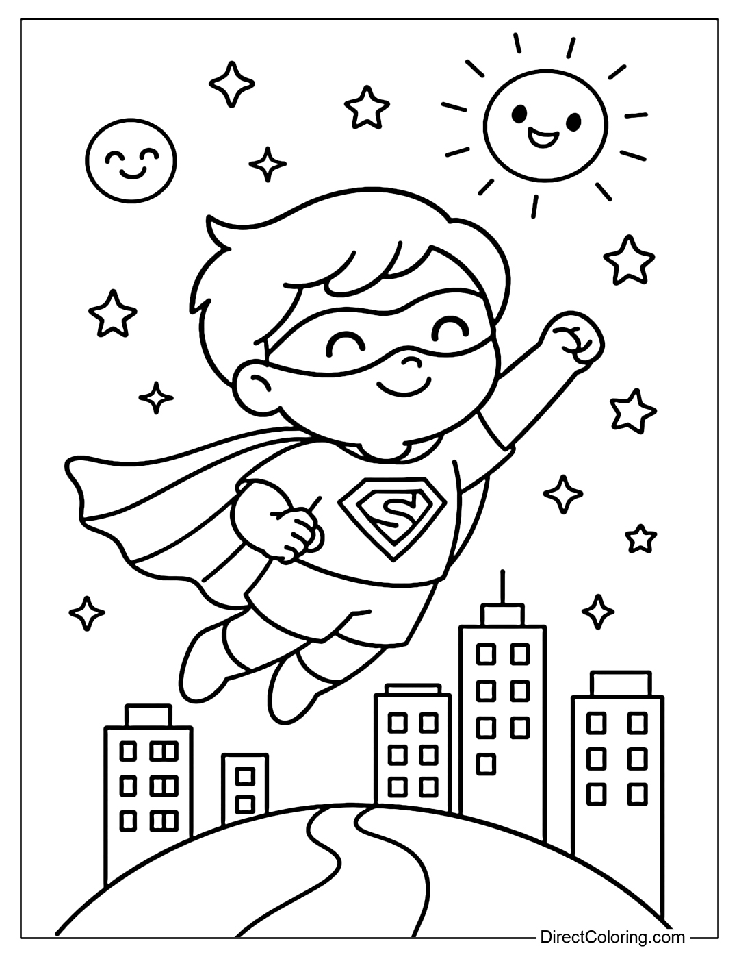 Coloring page of a child wearing a superhero cape, flying through the city full of lights and emotional stars.