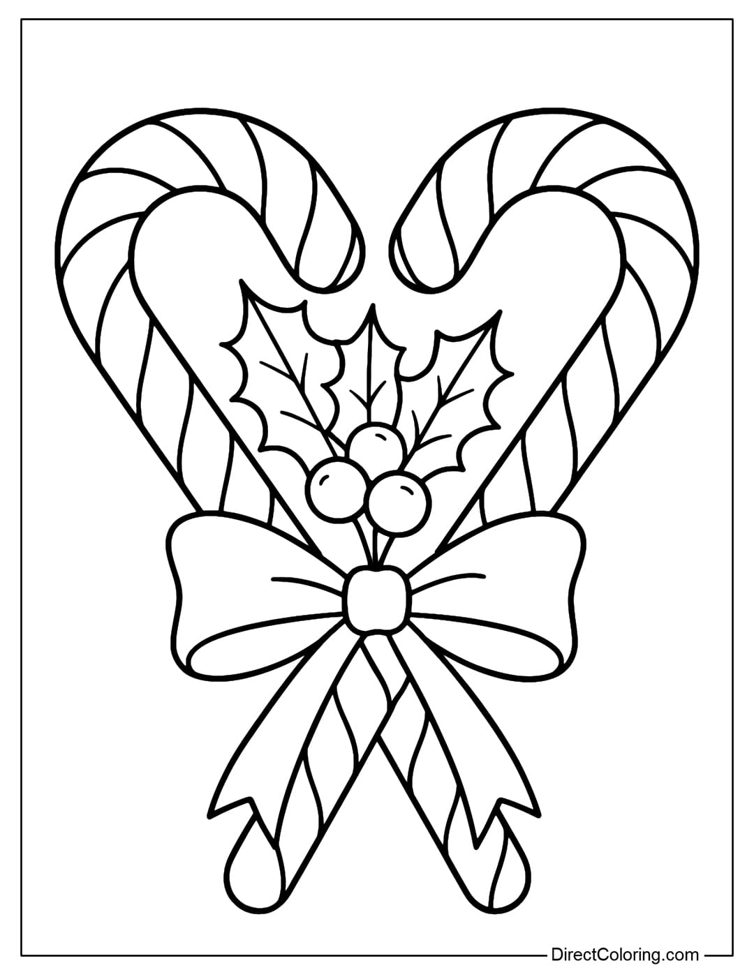 Two candy canes bent into a heart shape, decorated with holly leaves and red berries.