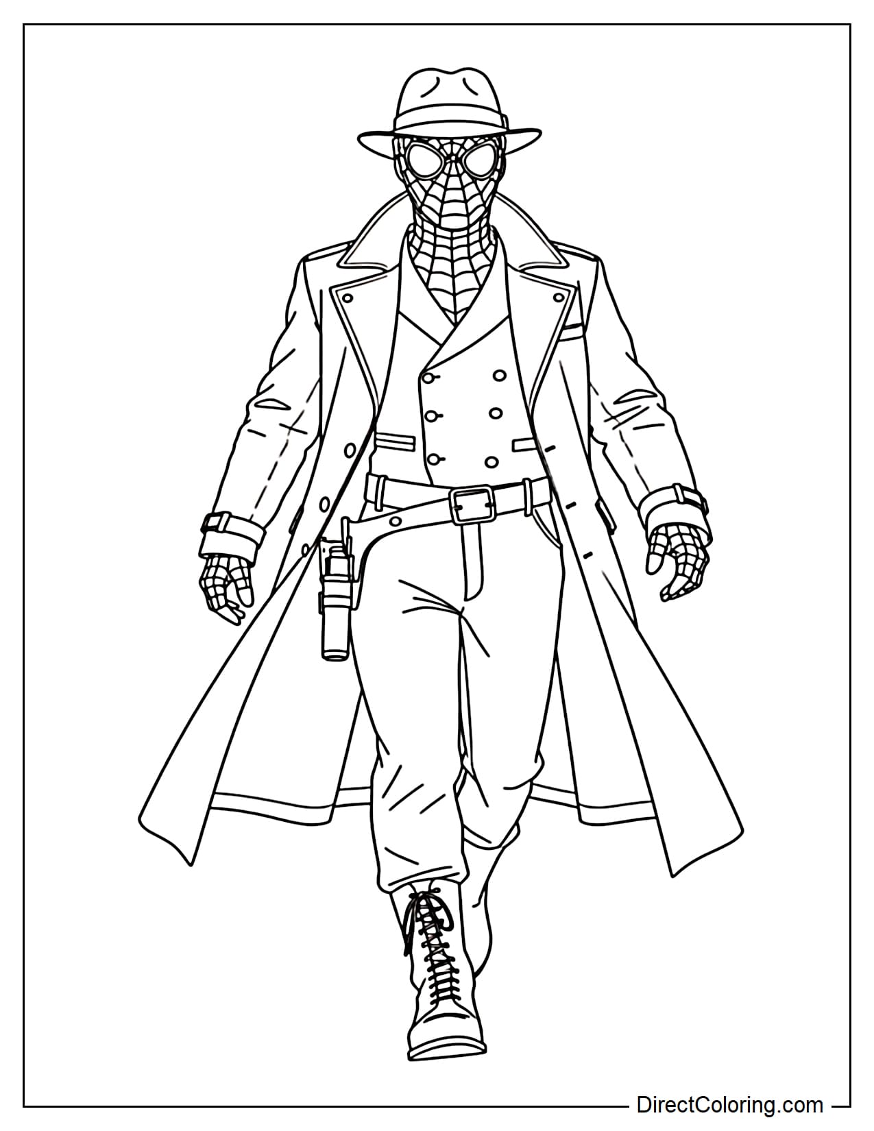 Spider-Man Noir in a full-body walking pose, facing forward. Wearing a fedora hat, a double-breasted vest, a gun holster belt, combat boots, and a long flowing trench coat.