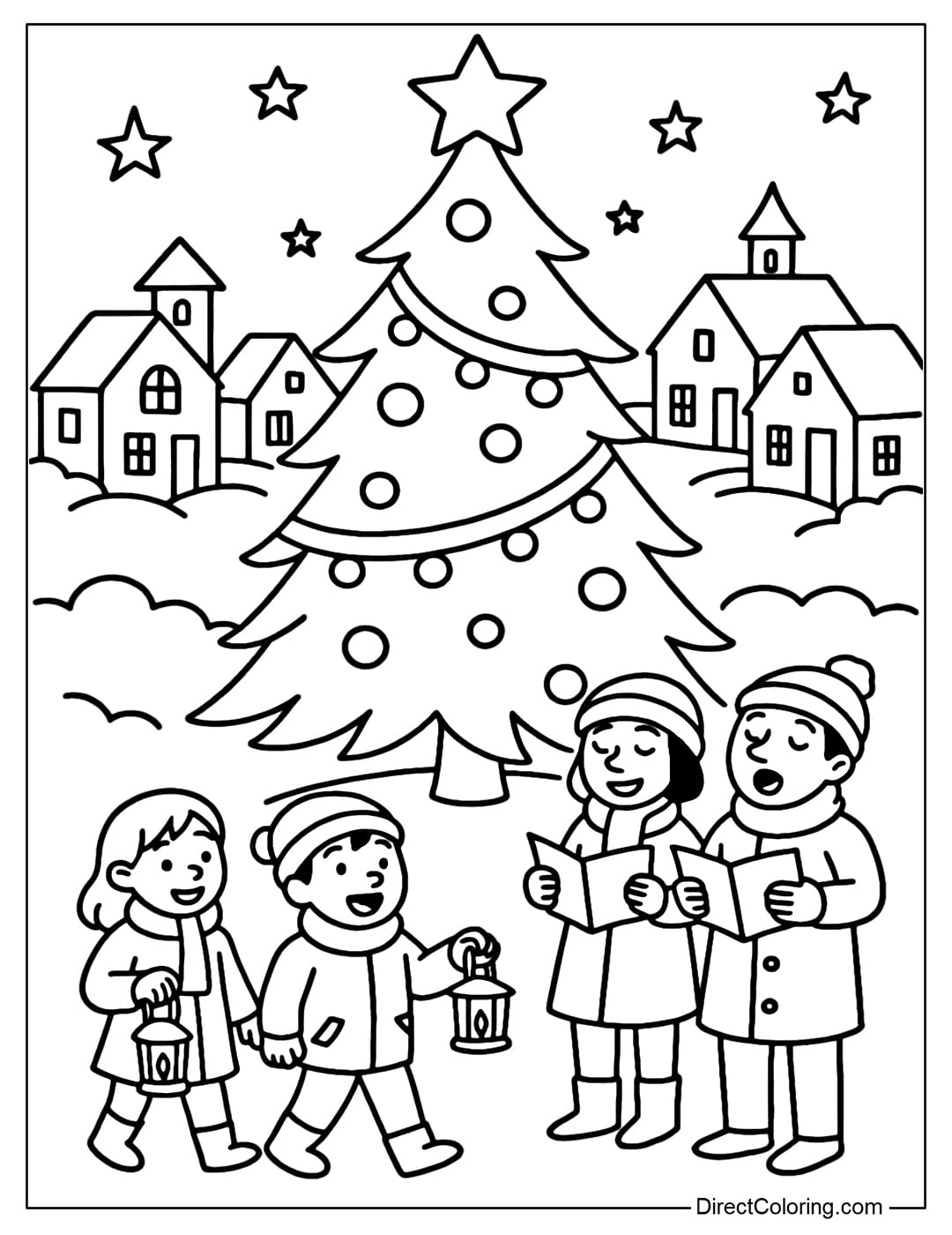A coloring page of a small village with a giant Christmas tree in the square, children holding lights, and adults singing around the tree.