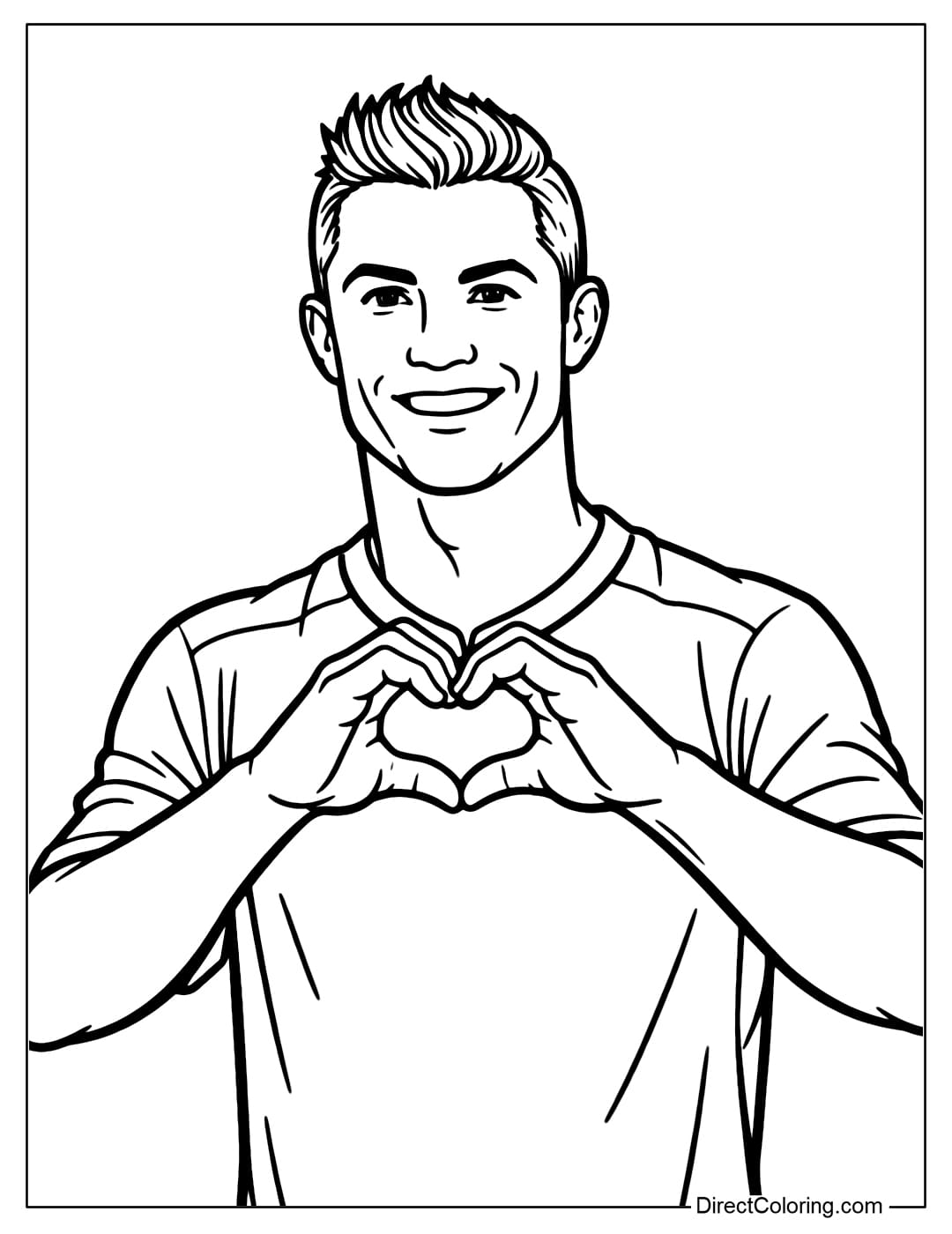 Coloring page of Cristiano Ronaldo making a Valentine's Day heart shape with both hands in front of his chest.