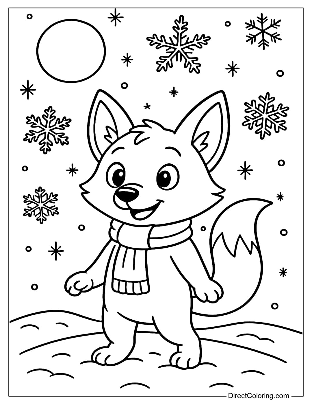 A winter fox coloring page standing under a starry sky and a full moon, surrounded by large snowflakes flying gently.