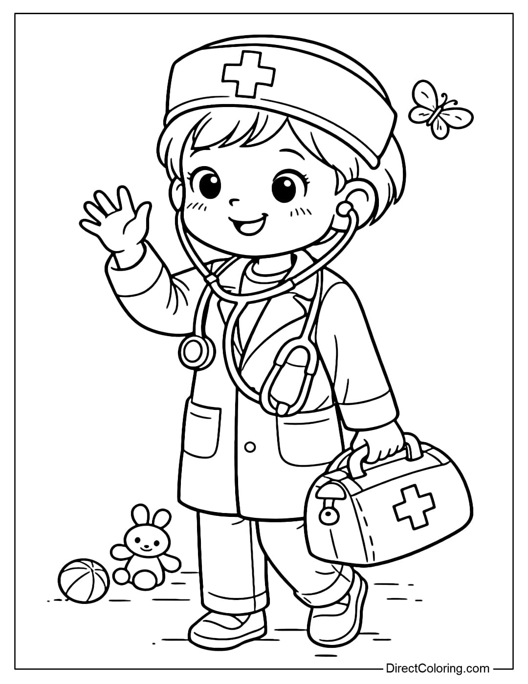 A coloring page of a doctor carrying a medical bag, waving with the other hand, with neat hair and a friendly expression.