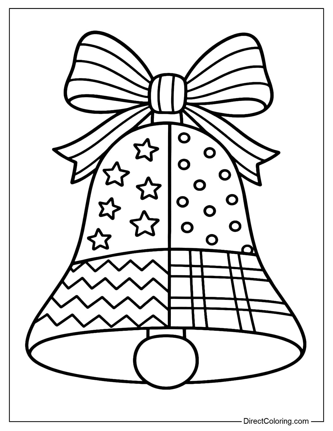 Patchwork coloring page Christmas bell is divided into many patchwork pieces: small star motifs, polka dots, checkered, zigzag.