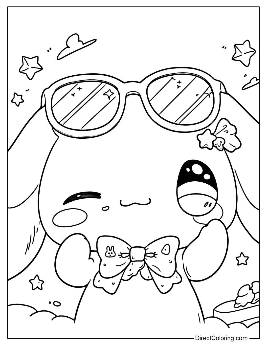 A cute Cinnamoroll coloring page featuring sunglasses on its head and a mischievous wink amidst sparkling stars.