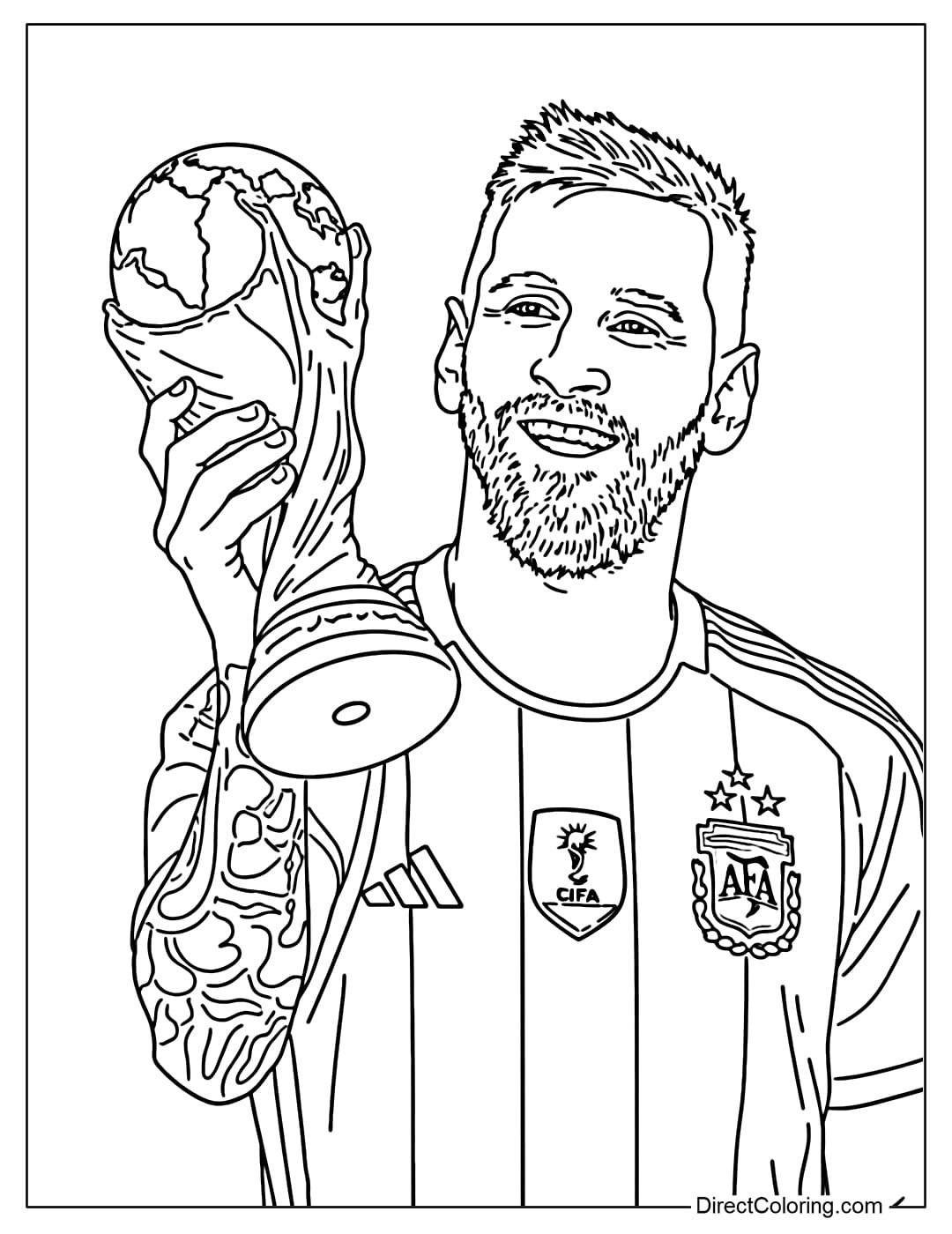 A coloring page of Lionel Messi smiling happily as he lifts the World Cup trophy in his Argentina jersey.