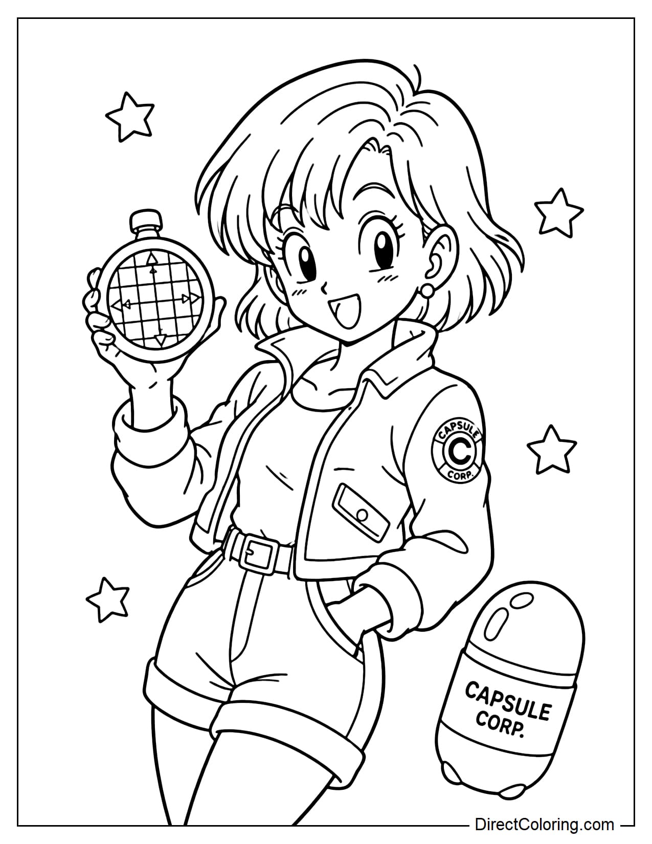 Bulma is leaning happily, holding the Dragon Radar in her hand, her hair and cloak fluttering, a small Capsule and some stars beside her.
