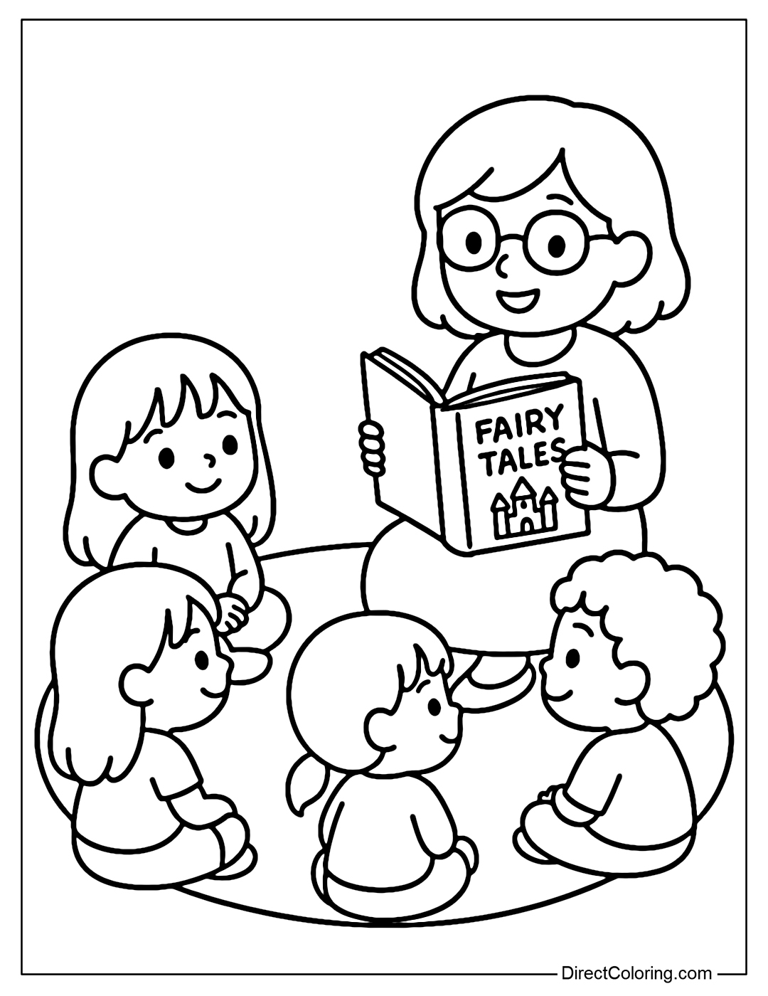 A coloring page of children sitting in a circle on the carpet, attentively listening to the teacher read fairy tales.